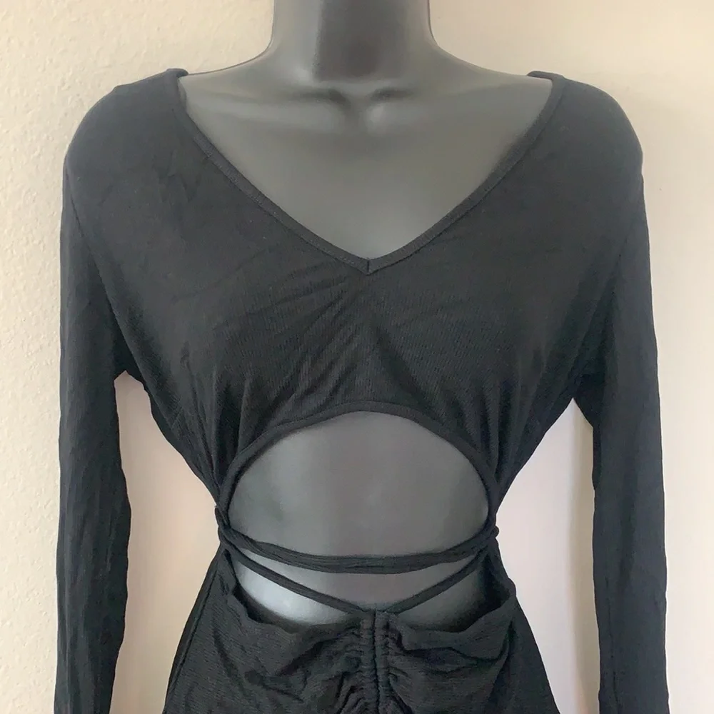 Princess Polly Noa Black Long Sleeve Ribbed Cut Out Criss Cross Tie Mini Dress - Picture 4 of 11